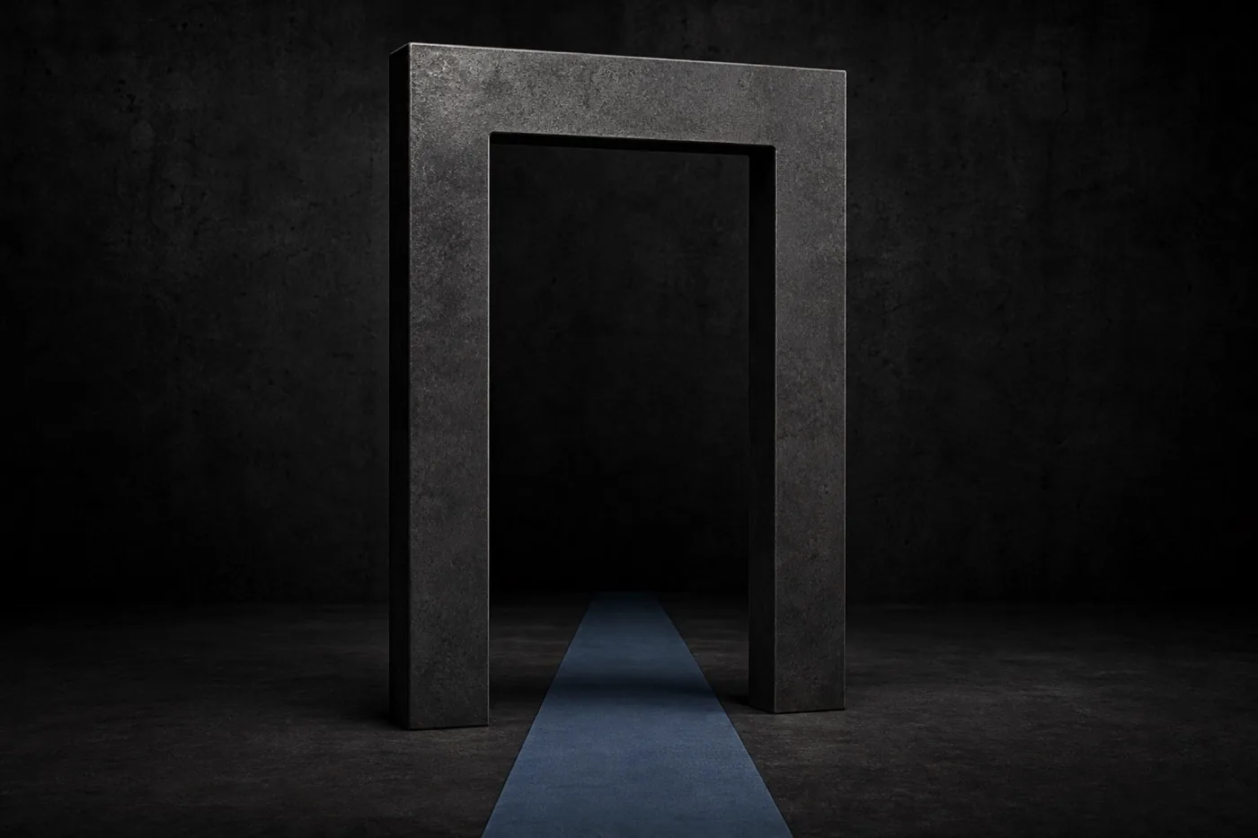 Portal de hierro atravesado por una ruta azul que representa presencia y acceso